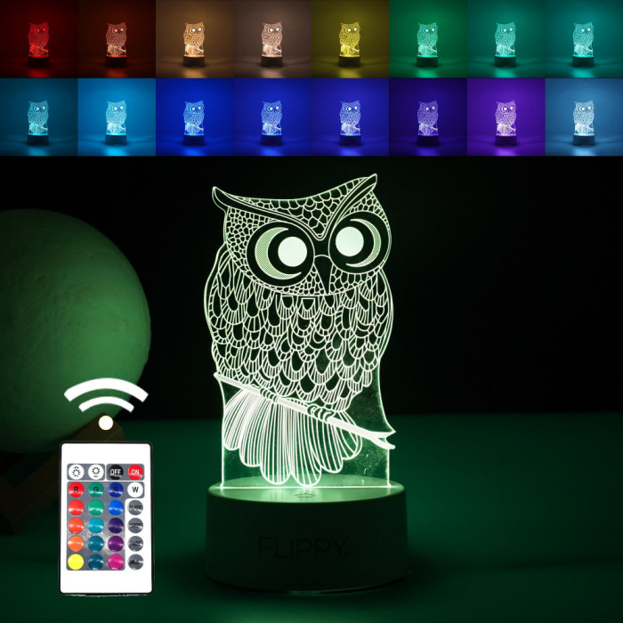 Lampa led decorativa, flippy, 3d, bufnita, cu usb si baterii, 20 cm inaltime, din material acril, lumina multicolora si telecomanda inclusa, alb