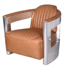 Fotoliu industrial din lemn masiv cu piele maro deschis OVL0311