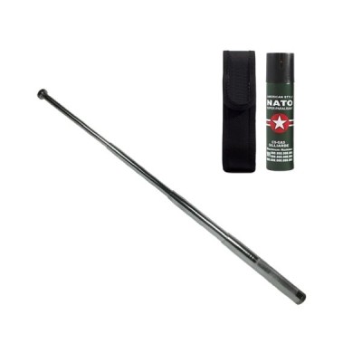 Set baston telescopic din otel si spray paralizant , 90 ml, argintiu, 77 cm, 4 sectiuni , husa inclusa foto
