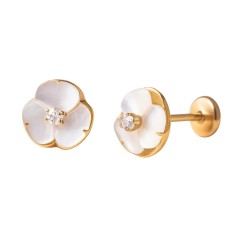 Cercei Copii din Aur 14K, model Floare Sidef Perla si piatra CZ alba, inchidere cu Filet si Protectie