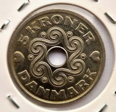 Danemarca 5 Kroner 2002 coroane km # 869 moneda din nichel Margrethe II