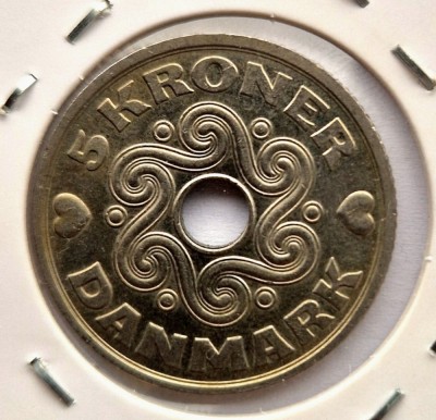 Danemarca 5 Kroner 2002 coroane km # 869 moneda din nichel Margrethe II foto