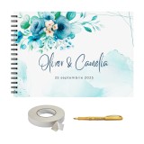Set Album foto / GuestBook pentru nunta, cu flori, A4 landscape, pix si dubluadeziv inclus, 3 piese, accesoriu nunta