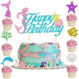 Set Toppere pentru Tort si Prajituri, Cyrax, Tematica Sirena, Model Mare Scris Happy Birthday 16.5x8.2 cm, 6 Toppere Mici Model Marin 5x5 cm, Multicol