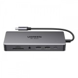 Hub USB-C UGREEN Revodok Pro 313 CM681, 2 x USB-A 3.2 - 1 x USB-A 3.0- 2 x USB-C - 2 x HDMI - 1 x Jack 3.5mm - 1 x RJ45 - 1 x SD - 1 x microSD, Gri