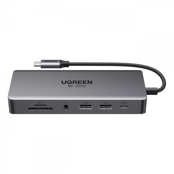 Hub USB-C UGREEN Revodok Pro 313 CM681, 2 x USB-A 3.2 - 1 x USB-A 3.0- 2 x USB-C - 2 x HDMI - 1 x Jack 3.5mm - 1 x RJ45 - 1 x SD - 1 x microSD, Gri