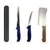 Set profesional de macelarie, dezosat, transat, filetat, 2 cutite, otel carbon, suport magnetic, satar