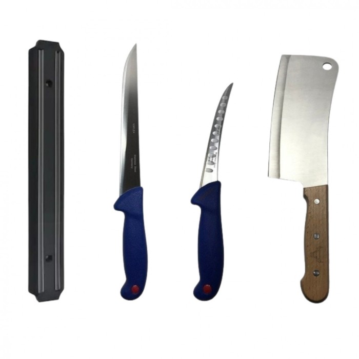 Set profesional de macelarie, dezosat, transat, filetat, 2 cutite, otel carbon, suport magnetic, satar