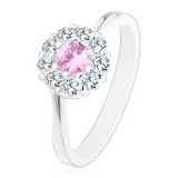 Inel de culoare argintie, floare strălucitoare din zirconiu transparent-roz, brațe lucioase - Marime inel: 54