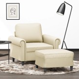 vidaXL Fotoliu canapea cu taburet, crem, 60 cm, piele ecologică