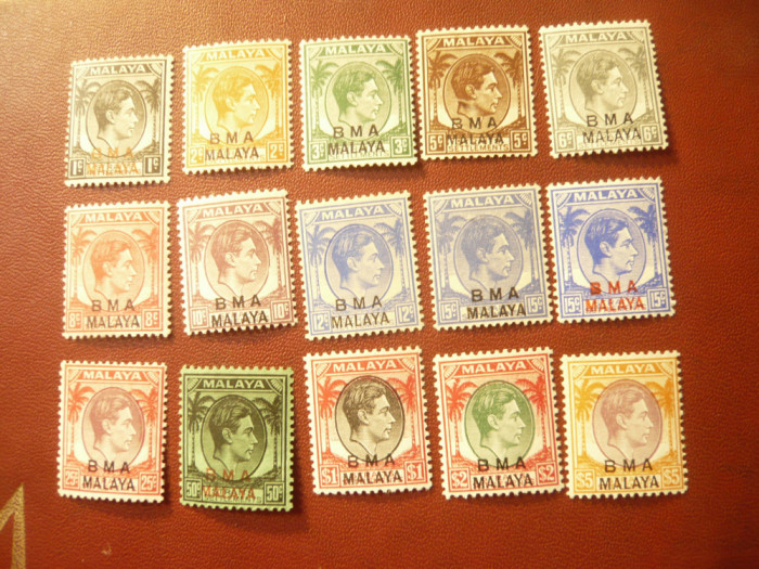 Serie Malaya BMA 1945 supratipar pe timbre Straits Settements George V , 15 val.