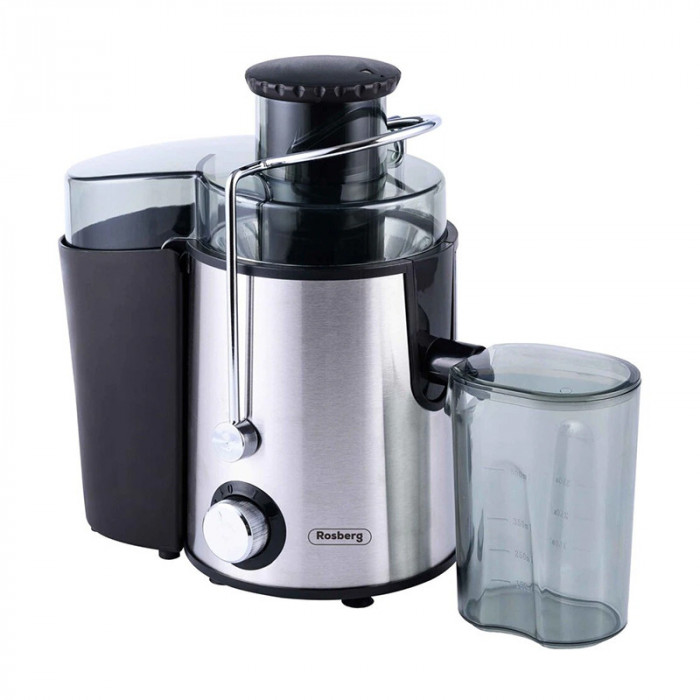 Storcator de fructe/legume Rosberg, 600 W, 500 ml, 2 viteze, lama inox, recipient plastic, Argintiu