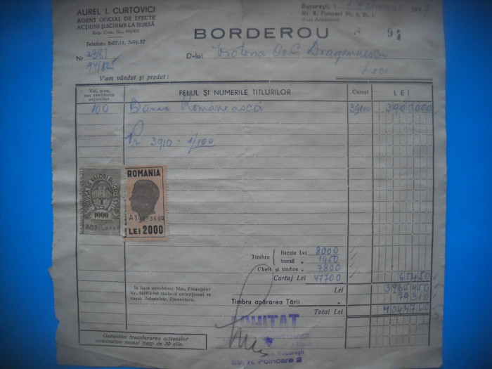 HOPCT DOCUMENT 555 BORDEROU AUREL I CURTOVICI[ EVREU] BURSA BUCURESTI 1947