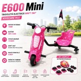 Tricicleta electrica Drift 360 KidsCare E600 Mini pentru copii, motor 150W, viteza maxima 15 km/h, baterie 36V 2.4Ah, lumini LED, roti drift, roz, kit