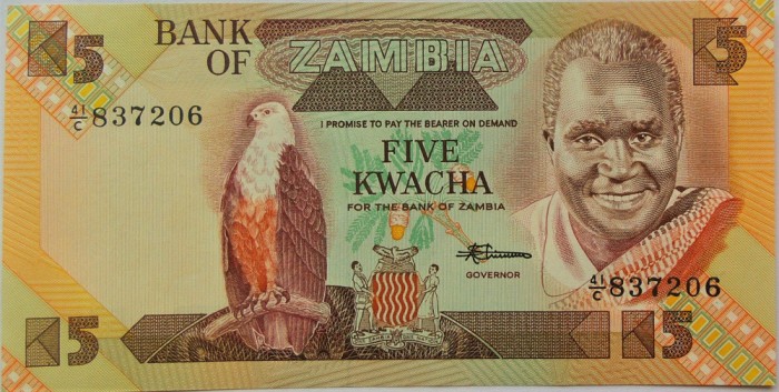 BANCNOTA EXOTICA 5 KWACHA - ZAMBIA, anul 1980 *cod 540 = UNC