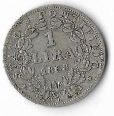 Moneda 1 lira 1868 - Vatican, 5 g argint 0,8350 foto