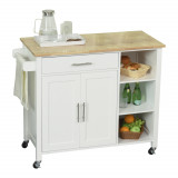 HOMCOM Cărucior de Bucătărie, Dulap cu Rafturi de Depozitare din MDF, PAL, Lemn și Cauciuc, 107.5x48x89 cm, Alb | Aosom Romania