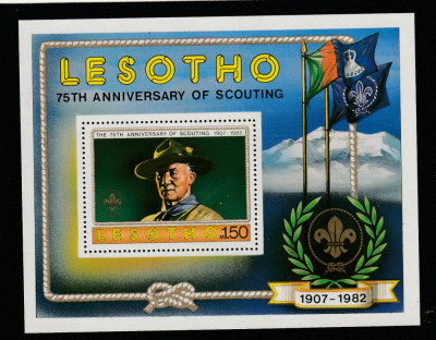 Lesotho 1982-Robert Baden-Powell,Cercetasi,Anivers.75 ani,Colita dant.,Mi.Bl.13 foto