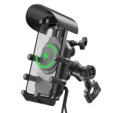 Suport telefon pentru motocicletă/ATV/scuter cu antivibrații, &icirc;ncărcare wireless 15W, porturi USB &amp; Type-C, prindere pe ghidon/oglindă