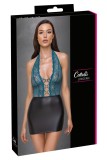 Rochie scurta, stransa, cu top cu decolteu din dantela si aspect de doua piese,