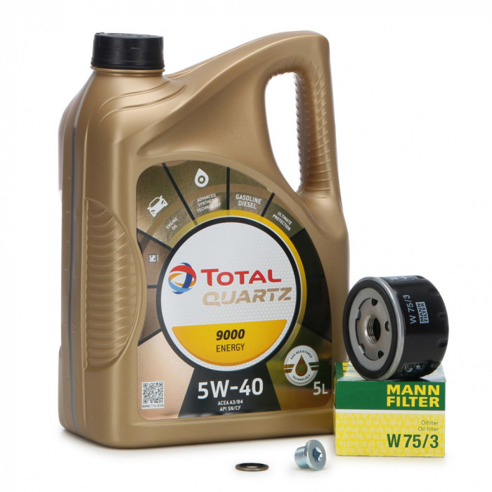 Pachet Revizie Ulei Motor Total Quartz 9000 Energy 5W-40 5L + Filtru Ulei Mann Filter Renault Clio 1 1990-1998 W75/3 + Buson Golire Baie Ulei Fa1 518.