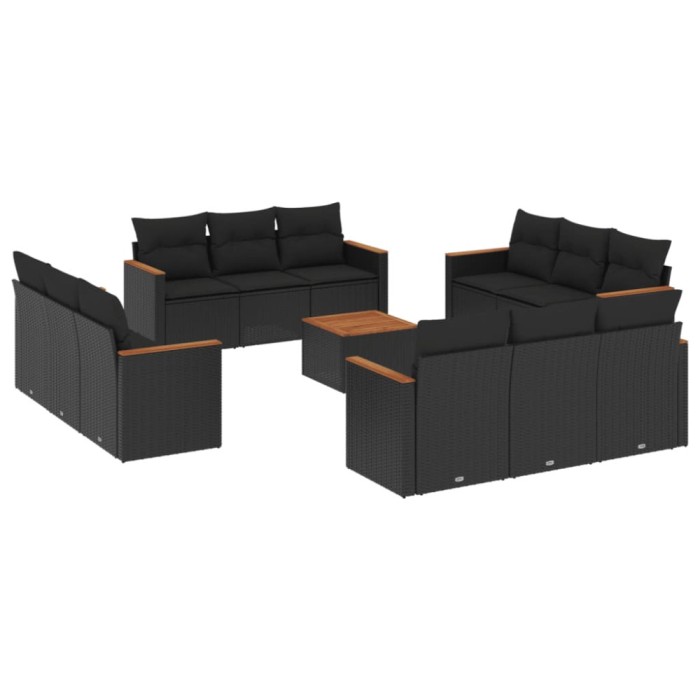 Set mobilier de gradina cu perne, 13 piese, negru, poliratan