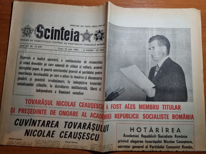scanteia 12 iulie 1985-ceausescu ales mebru titular si presedinte academiei RSR