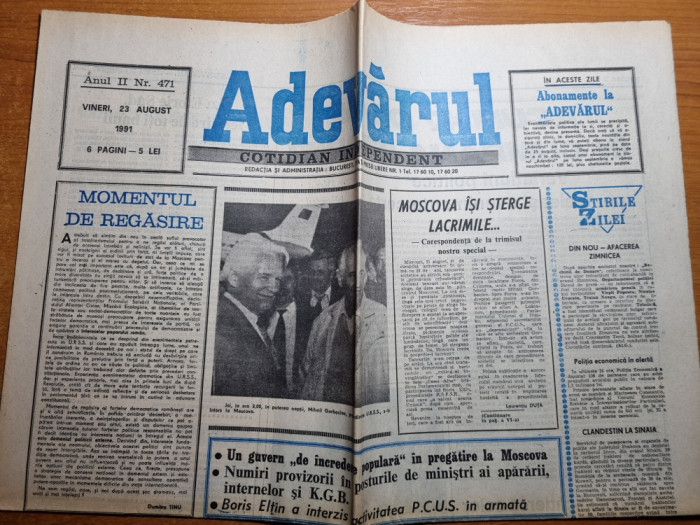 ziarul adevarul 23 august 1991-hala unirii,gorbaciov la kremlin