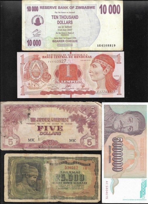Set 5 bancnote de prin lume adunate (cele din imagini) #325