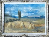 Tablou / lucrare veche, ulei pe panza, Peisaj rural , 54x34 / 46x32, cu rama, Sorin Ionescu, arta romaneasca, artist roman