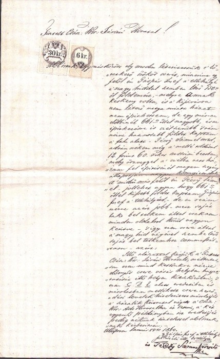 A3734N T&eacute;csy S&aacute;muel, cerere adresată oficiului chezaro-crăiesc cercual, 1860, T&acirc;rgu Lăpuș, limba maghiară, timbru de 6, respectiv 30 creițari