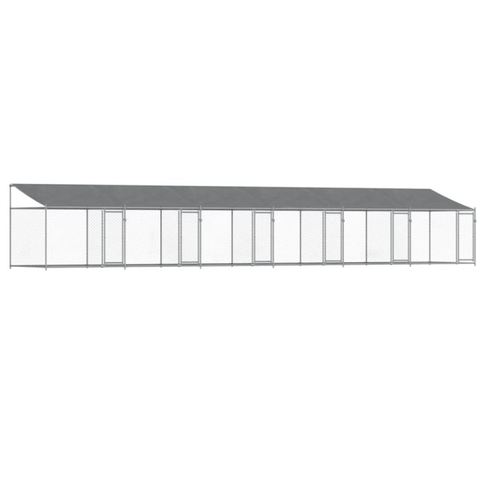 Cusca caini cu acoperis si usi, gri, 12x2x2 m, otel galvanizat