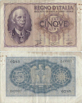 1940, 5 lire (P-28a.1) - Italia! foto