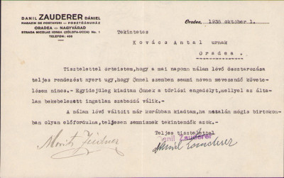 HST A1246 Act antet comerciant evreu de postav Daniil Zauderer 1935 Oradea foto