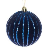 Ornament Brad Craciun BluGlob, Glob Catifelat, Dungi Glitter, Culoare Albastra, Diametru 8cm