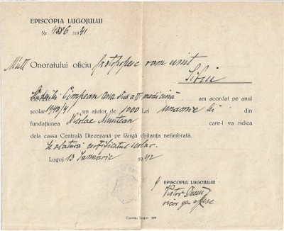 A3277N Episcopia greco-catolică a Lugojului, 1942, acordarea de ajutor &amp;icirc;n bani unei studente la medicină foto