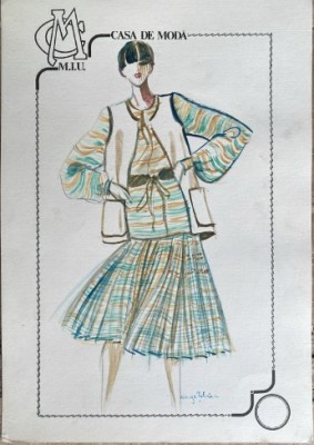 Acuarelă pe carton, design Maya ȚUȚUI, Casa de Modă M.I.U., 30 x 21 cm, modă rom&amp;acirc;nească, schiță 4 vestimentară foto