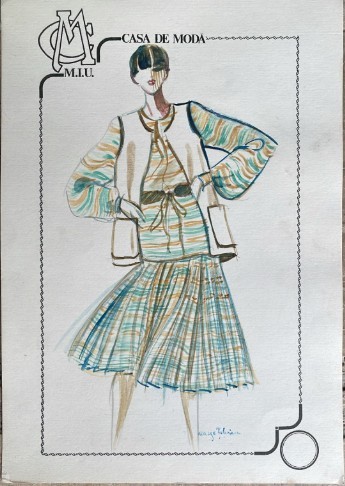 Acuarelă pe carton, design Maya ȚUȚUI, Casa de Modă M.I.U., 30 x 21 cm, modă rom&acirc;nească, schiță 4 vestimentară