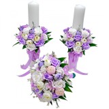 Set nunta, 2 lumanari personalizabile cu nume si data, 40 cm cu aranjament frontal, 1 buchet mediu cu 19 trandafiri (Multicolor), Eventissimi&reg;