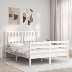 Cadru de pat cu tablie, dublu, alb, lemn masiv foto