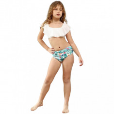 Costum de baie pentru fetite, 2 piese, sutien cu volane, si slip modern, 4T, imprimeu alb floral, perfect pentru plaja sau inot