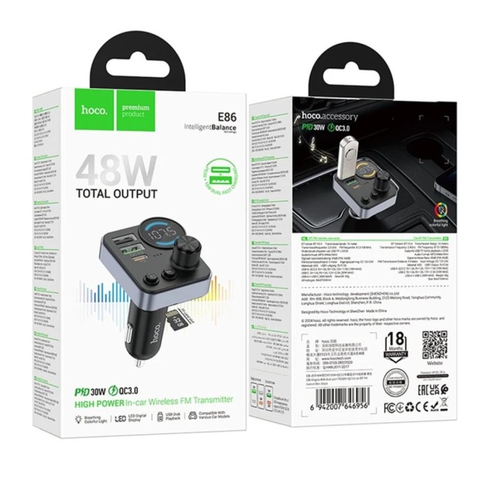 Modulator FM Bluetooth si Incarcator Auto Hoco E86, 48W Total, USB-C Power Delivery, 2x USB, Fast Charge, Hands-free, Negru