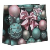 Sacouă cadou cu model globuri de Crăciun și glitter holografic, 32x10x26cm, verde, CMCLASS
