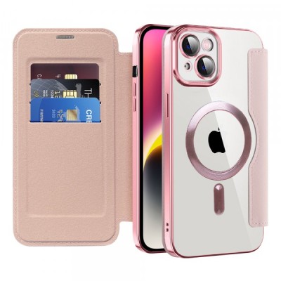 Husa MagSafe pentru Apple iPhone 14 Plus, Techsuit, SmartMag Book, Roz foto
