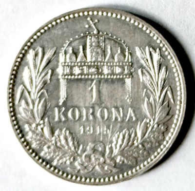 UNGARIA 1 COROANA 1915 CORONA KORONA ARGINT VF++XF foto