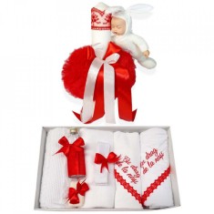 Trusou botez cu mesaj si lumanare cu iepuras, decor rosu, Denikos&reg; 544