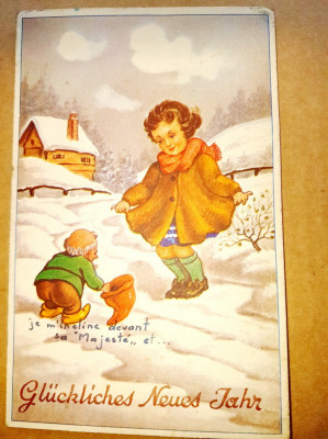C112-Carte postala comica veche de Anul Nou Pitic cu cizma. foto