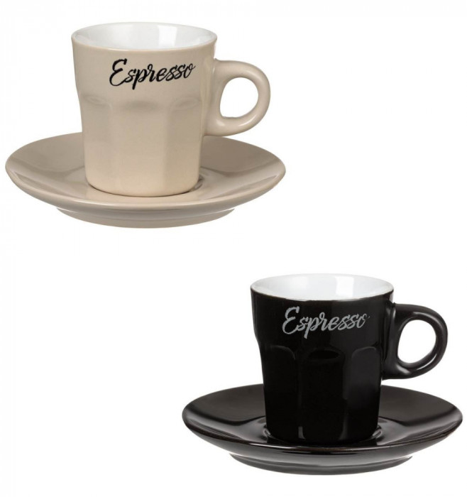 Set Cesti Ceramice de Cafea Negru Bej Model cu Farfurie 80ml - 2 buc