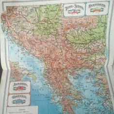 Harta interbelica Jugo-Slavia, Bulgaria, Grecia, Albania Atlas geografic 1928