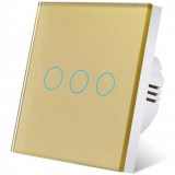 Cumpara ieftin Intrerupator touch iUni 3F, Sticla Securizata, LED, Gold